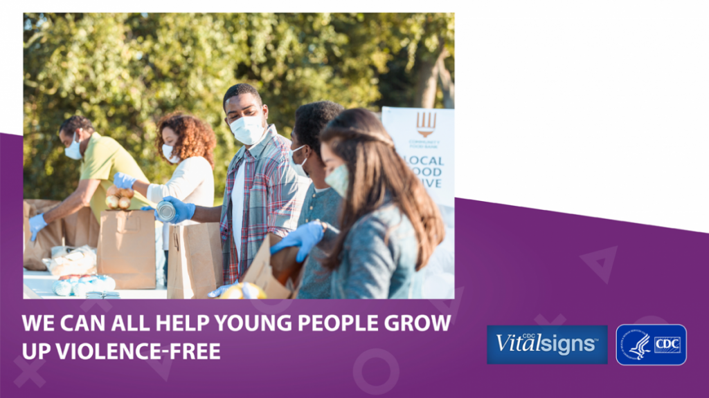 group of teens wearing masks and the text we can all help young people grow up violence-free